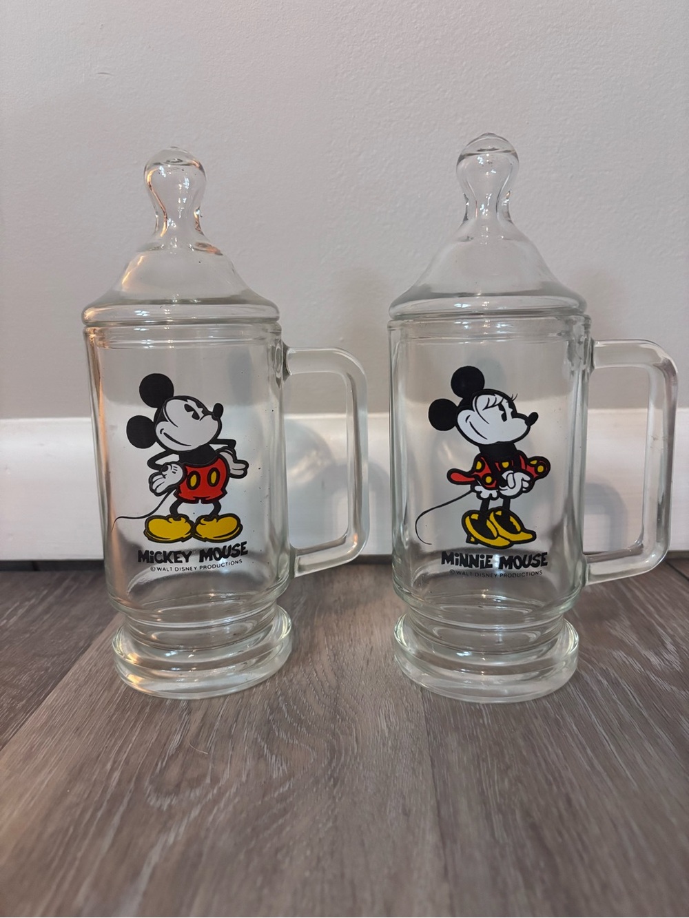 Disney Clear Glass Mickey & Minnie Lidded Mugs with Red & Yellow Accents